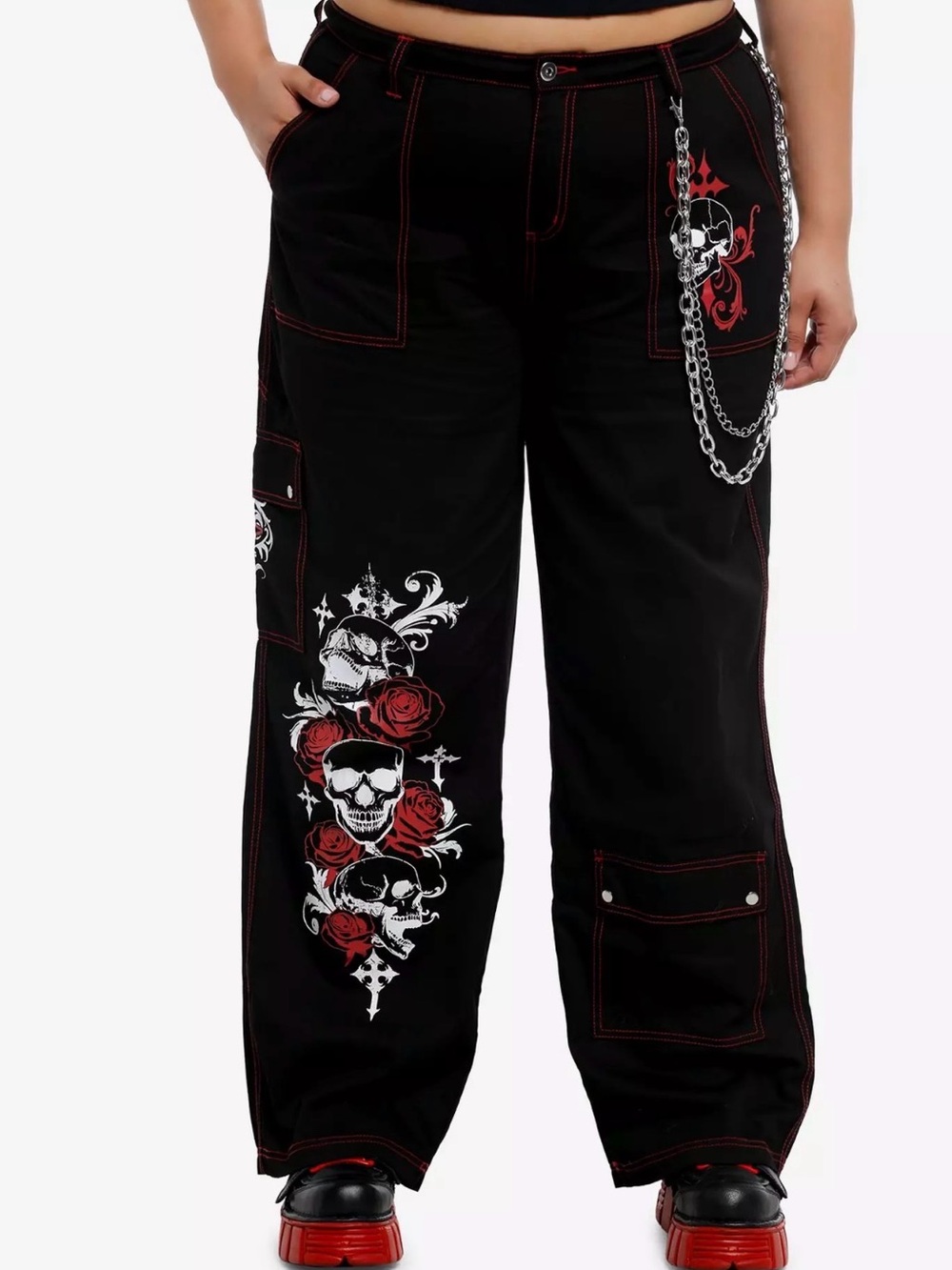 Social Collision Black & Red Contrast Stitch Skull & Chain Wide Leg Cargo Pants